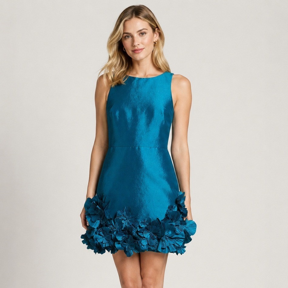 One33 Social Floral Applique Taffeta Dress Peacock Blue 3d Mini Sleeveless Sz 6